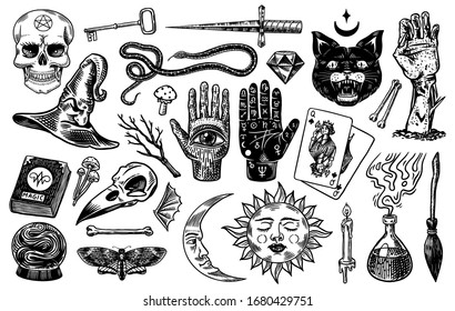 Mystical Magic Boho Elements. Witchcraft Voodoo Astrological Set. Esoteric Alchemy Occult Sketch For Tattoo. Palmistry And Skull, The Hand Of A Dead Man. Drawn Engraved Game Cards And Black Cat.