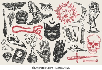Mystical Magic Boho Elements. Witchcraft Astrological Set. Esoteric Alchemy Sketch For Tattoo. Palmistry And Skull, The Hand Of A Dead Man. Drawn Engraved Game Cards And Black Cat.