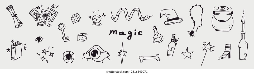 Mystical magic collection elements: fortune-telling cards, potion, eye, etc. set of halloween clipart. Trendy modern doodle vector illustration. hand-drawn vector art
