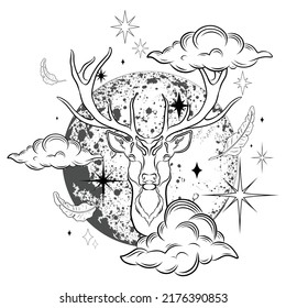 Mystical magic deer with celestial symbols on white background. Hand drawn vector deer head with full moon, stars, and clouds for prints, posters and fantasy or esoteric design. Animal spirit art