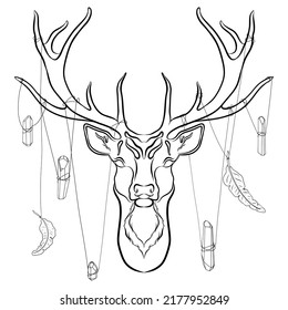 Mystical magic deer with crystals and feathers on white background. Hand drawn vector deer head for prints, posters and fantasy or esoteric design. Animal spirit art