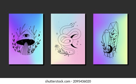 mystical magic elements on a halographic gradient background. for creating tarot cards or magic witch ritual