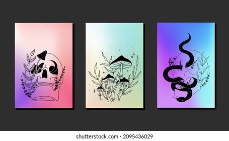 mystical magic elements on a halographic gradient background. for creating tarot cards or magic witch ritual