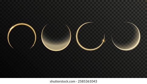 Mystical, magic light, glowing rings. Halo effect. Solar or moonlight shining golden circles  isolated on transparent backdrop