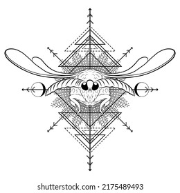 Mystical magic night moth with sacred geometry. Hand drawn vector black butterfly isolated on white background for prints, posters and fantasy or esoteric design projects. Occult illustration.