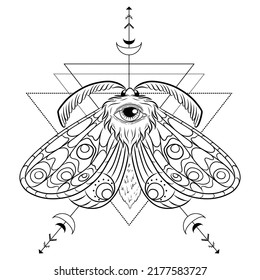 Mystical magic night moth with sacred geometry. Hand drawn vector black butterfly isolated on white background for prints, posters and fantasy or esoteric design projects. Occult illustration