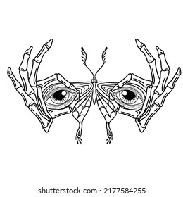 Mystical magic night moth with skeleton hands. Hand drawn vector black butterfly isolated on white background for prints, posters and fantasy or esoteric design projects. Occult illustration. Spirit