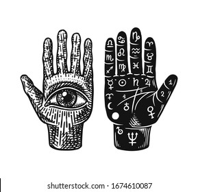 Mystical magic palmistry. Esoteric or alchemy occult sketch for tattoo. Fate in the palm of your hand. Hand Drawn Engraved illustration.