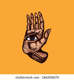 Mystical magic palmistry. Esoteric or alchemy occult sketch for tattoo. Fate in the palm of your hand. Hand Drawn Engraved illustration.