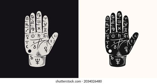 Mystical magic palmistry. Esoteric or alchemy occult sketch for tattoo. Fate in the palm of your hand. Hand Drawn Engraved illustration.