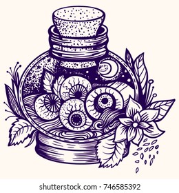 A mystical magic pot with eyes and mint leaves. The sorceress's vessel. Line Art dotwork tattoo or t-shirt design. Vector