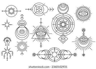 mystical and magic symbols, occult signs, all-seeing eye, occult tribal marks, vector