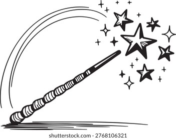 Mystical magic wand casting spells with a swirling trail and twinkling stars, evoking wonder, dreams, and fantasy in a monochrome illustration.