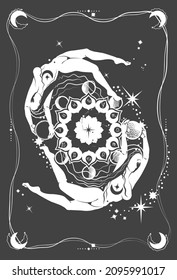 Mystical magical bohemian mandala with two flying girls. Phases of Moon elements and stars constellations. Lunar esoteric tapestry wall hanging decor or blanket. Astrology or Zodiac background. Vector