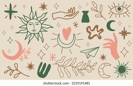 Elementos místicos mágicos de boho. Juego de emoticones para brujas. Esbozo sotético para un tatuaje. Luna, sol, símbolos, plano de papel, plantas, ojos, manos, abstracciones y estrellas.