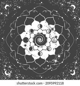 Mystical magical boho mandala with Universe. Phases of Moon elements and stars constellations. Lunar esoteric tapestry wall hanging decor or blanket. Astrology or Zodiac background. Vector