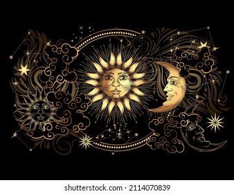 Mystical, magical cosmic background with stars, luminaries, the Sun and the Crescent, as well as stars and comets. Esoteric background. Divination, astrology, horoscope, tarot cards. Engraving style.