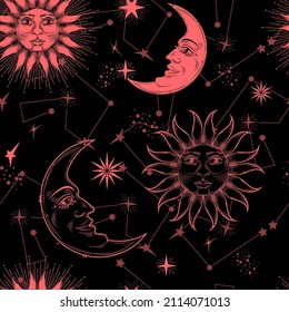 Mystical, magical cosmic seamless background with Sun and the Crescent, as well as stars and comets. Esoteric background. Divination, astrology, horoscope, tarot cards. Engraving style.