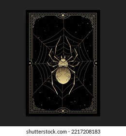 Mystical or magical gold spider on celestial web