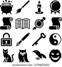 Mystical and magical icon set featuring witchcraft symbols brooms keys books and animals