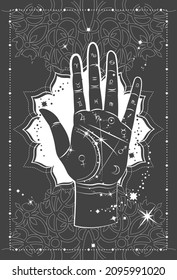 Mystical magical palmistry hand with print. Mandala Background. Palm reading. Esoteric tapestry wall hanging decor or blanket. Alchemy chiromancy. Astrology or Zodiac background. Vector