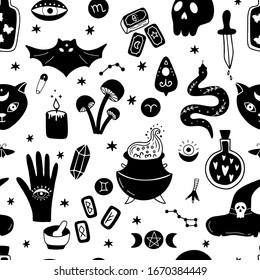 Mystisches, magisches, nahtloses Muster. Handgezeichneter Hintergrund der Vektorillustration mit Hexenmeistersymbolen. 