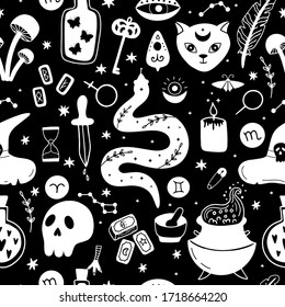 Mystical, magical seamless pattern. Hand-drawn vector background with witchcraft symbols. 