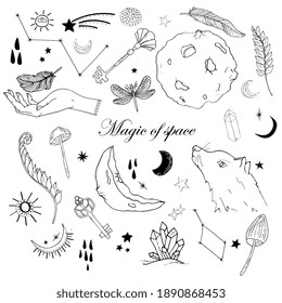 mystical, magical set of elements for packaging design, invitations, banners. Isolated outline, black and white outline. Magical, boho objects