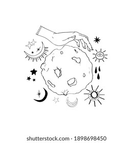 mystical, magical, Space and astrology concept. set of elements for packaging design, invitations, banners. Isolated outline, black and white .  boho, astronomy, astrology  objects
