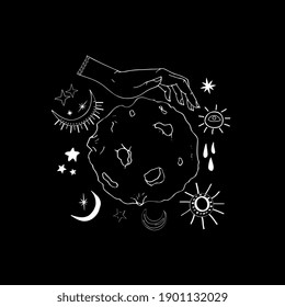 mystical, magical, Space and astrology concept. set of elements for packaging design, invitations, banners. Isolated outline, black and white .  boho, astronomy, astrology  objects