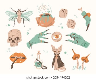 Mystical magical witchcraft elements. Big collection of decorative doodle icons for halloween. Vector line art