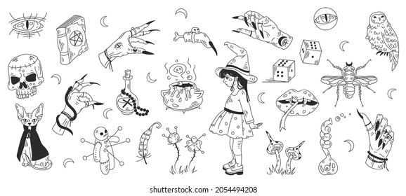 Mystical magical witchcraft elements. Big collection of decorative doodle icons for halloween. Vector line art