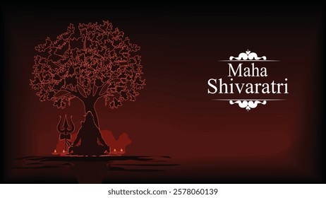 A mystical Maha Shivaratri artwork featuring the silhouette of Lord Shiva meditating beneath a sacred tree, with a Trishul beside him. The glowing red aura and deep contrast symbolize divine energy, 