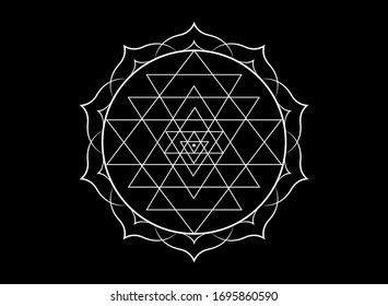 mystical mandala of Sri Yantra for your design. White sacred geometry and alchemy symbol blooming in a lotus flower, vector isolated on black background 