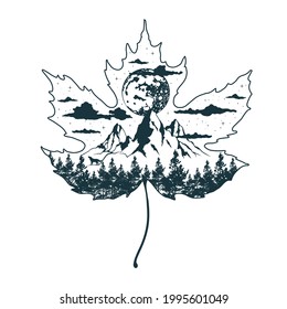 Mystical maple leaf. Celestial tattoo with mountain, clouds, moon, river and forest. Magic clipart.