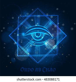 Mystical mason sign with eye on blue shining background. Vector illustration