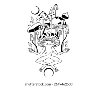 Mystical meditating Frog and magic mushrooms isolated clip art, hand drawn mysterious composition with celestial toad and poisonous mushrooms on white