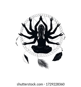 Mystical meditating girl in lotus position with dream catcher. Space woman in esoteric style. Yoga practice. Boho art. 