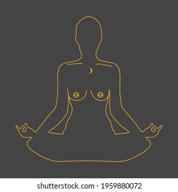 Mystical meditating girl in lotus position with dream catcher. Space woman in esoteric style. Yoga practice. Boho art.