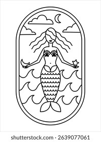Mystical Mermaid Line Art – Elegant monoline illustration of a mermaid holding the moon and a star, framed by ocean waves and a crescent sky. 