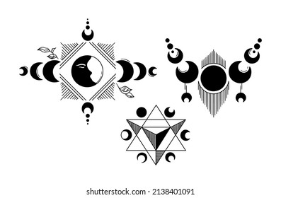 Mystical moon abstract composition, moon phases, sacred geometry, isolated cliparts bundle, celestial magic moon collection, silhouettes of luna, esoteric objects