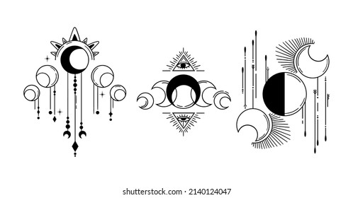 Mystical moon abstract composition, moon phases, sacred geometry, isolated cliparts bundle, celestial magic moon collection, silhouettes of luna, esoteric objects - vector