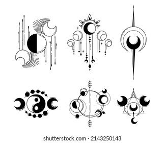 Mystical moon abstract composition, moon phases, sacred geometry, isolated cliparts bundle, celestial magic moon collection, silhouettes of luna, esoteric objects - vector