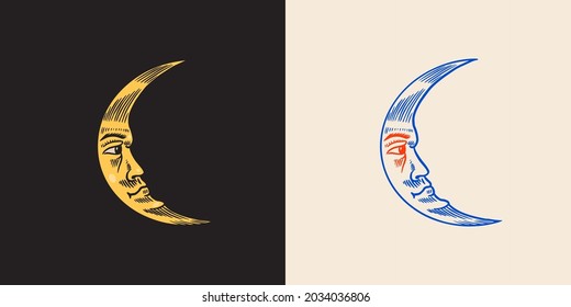 Mystical moon. Astronomy, alchemy and astrology symbol. Magic face Vector illustration. Hand drawn engraved doodle sketch for tattoo or t-shirt..