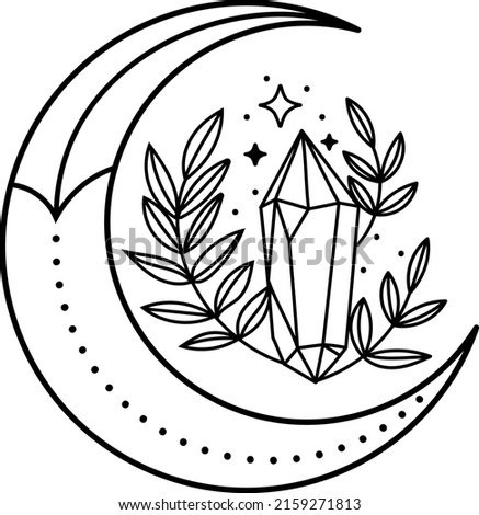 Mystical moon. Boho style. Moon with flowers and crystals, stars. Linear illustration.