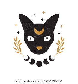 Mystical moon cat. Black celestial animal vector illustration. Esoteric concept with moon phases, brunch. Boho modern poster, card, magical, t-shirt print. Simple feminine logo.