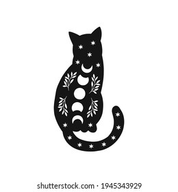 Mystical moon cat. Black celestial animal vector illustration. Esoteric concept with moon phases, brunch, stars. Boho modern poster, template for card, magical t-shirt print.