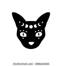 Mystical moon cat. Black celestial animal vector illustration. Esoteric concept with a crescent moon. Boho modern poster, witchy card, magical t-shirt print. Witchcraft symbol.