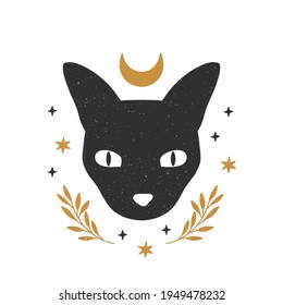 Mystical moon cat face. Black celestial animal vector illustration. Trendy esoteric concept with crescent moon, brunch, stars. Boho modern poster, card, magical t-shirt print.