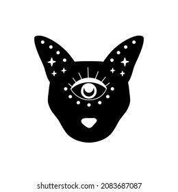 Mystical moon cat vector illustration. Black celestial animal with evil eye. Esoteric concept. Boho modern poster, witchy card, magical t-shirt print. Witchcraft symbol.